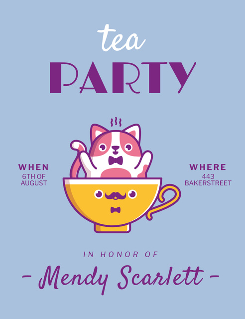 Tea Party Announcement with Cute Cat in Cup Invitation 13.9x10.7cm Design Template