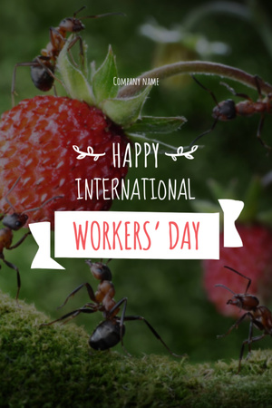 Happy International Workers' Day With Ants And Raspberry Postcard 4x6in Vertical Modelo de Design