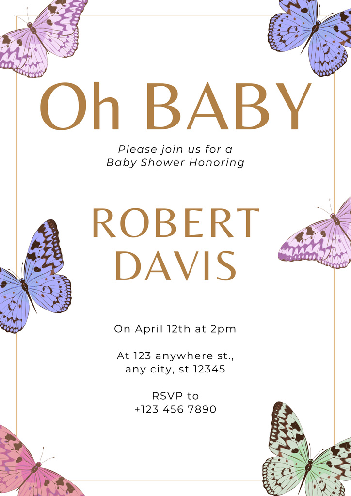 Baby Shower Party Announcement with Butterflies Poster Šablona návrhu