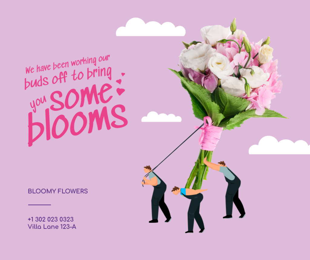 Ontwerpsjabloon van Facebook van Flowers Store Offer with People pulling Huge Bouquet