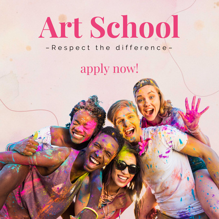 Anúncio de escola de arte com jovens pintados com cores indianas de Holi Instagram AD Modelo de Design