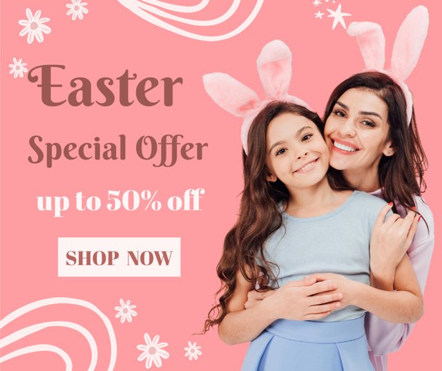 Ontwerpsjabloon van Facebook van Easter Special Offer with Mom and Daughter