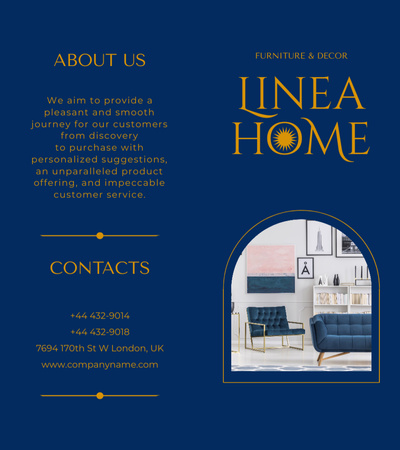 Ontwerpsjabloon van Brochure 9x8in Bi-fold van Woondecoratieaanbieding met stijlvol kamerinterieur in witte en blauwe kleuren