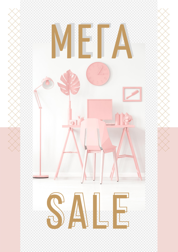 Sale Announcement with Computer on Working Table in Pink Poster Design Template