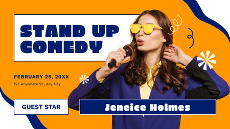 Designvorlage Ankündigung einer Stand-up-Show mit einer Frau in gelber Sonnenbrille für FB event cover