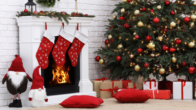 White Fireplace with Christmas Stockings for Gifts Zoom Background Design Template