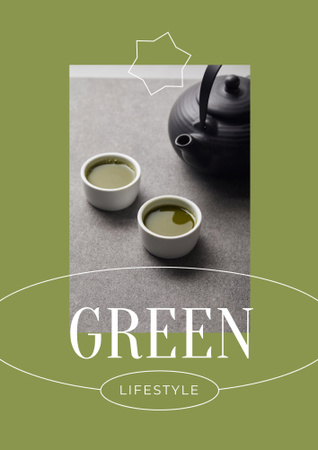 Plantilla de diseño de Promoting Lifestyle With Black Teapot and White Cups with Matcha Tea Poster B2 