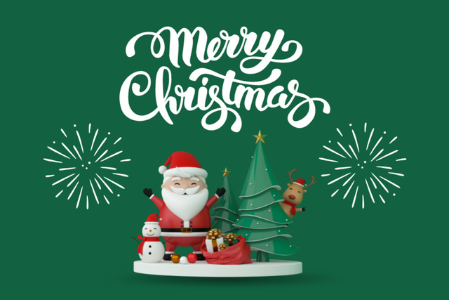 Ontwerpsjabloon van Postcard 4x6in van Christmas Cheers with Fireworks and Santa on Green