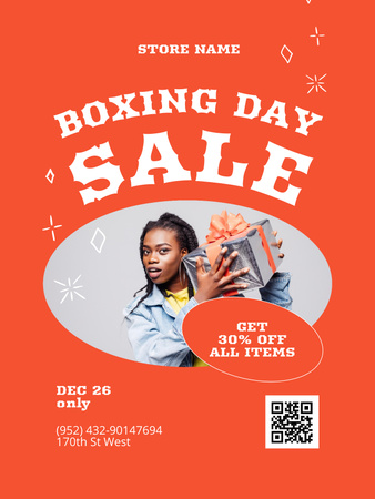 Designvorlage Boxing Day Sale Angebot mit Frau mit Geschenk für Poster US