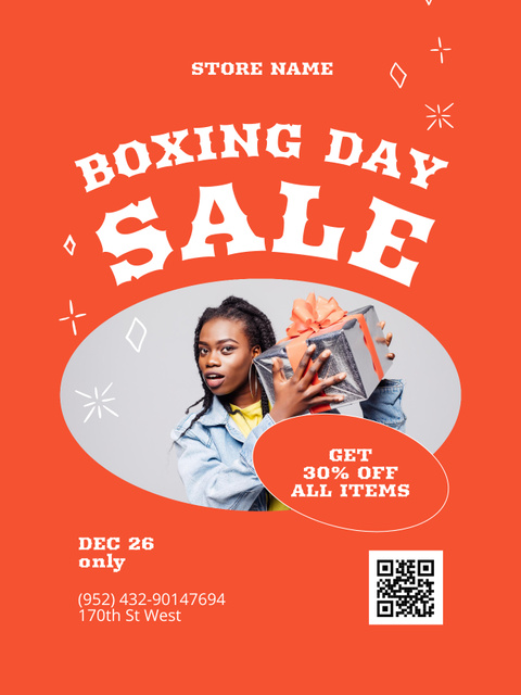 Ontwerpsjabloon van Poster US van Boxing Day Sale Offer with Woman holding Gift