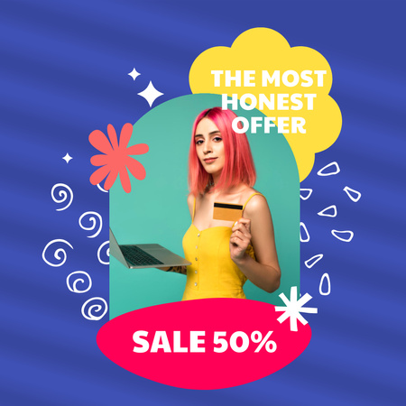Discount Offer with Girl holding Credit Card Instagram Design Template