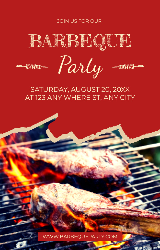 Platilla de diseño Barbecue Party Ad with Grilled Meat on Red Invitation 4.6x7.2in