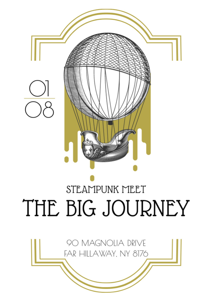 Steampunk Event Ad with Vintage Hot Air Balloon Flyer A7 Tasarım Şablonu