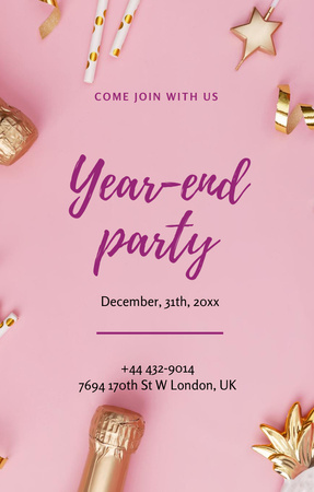 New Year Party With Golden Decor in Pink Invitation 4.6x7.2in Design Template