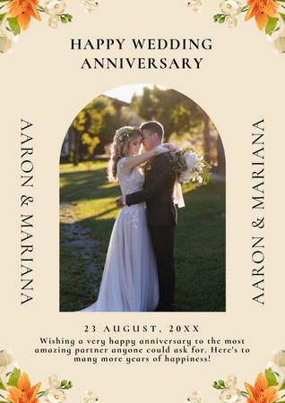 Happy Wedding Anniversary Greeting Layout on Beige Poster Design Template