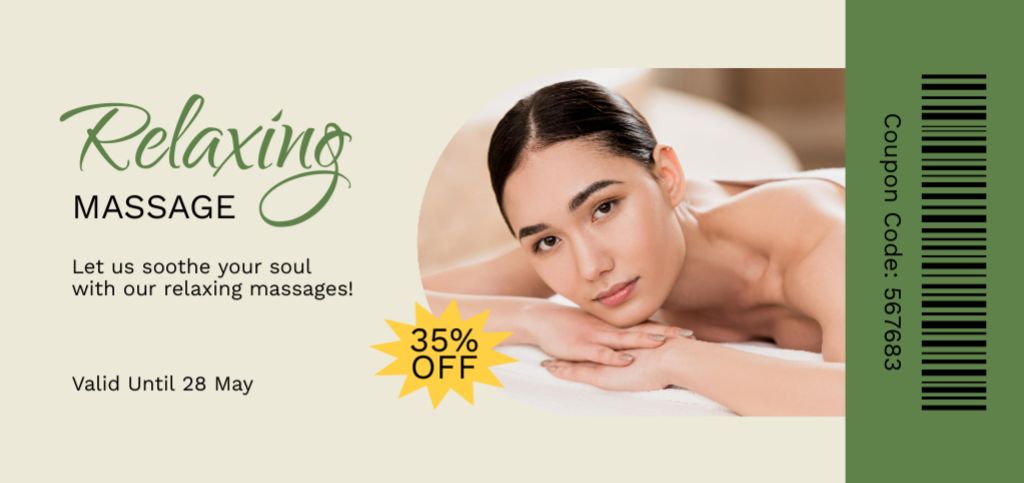 Ontwerpsjabloon van Coupon Din Large van Massage Salon Ad with Attractive Woman