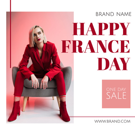 Розпродаж одягу до дня Франції зі стильною жінкою на стільці Instagram – шаблон для дизайну