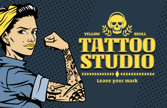 Designvorlage Illustrated Skull And Tattoo Studio Service Offer In Blue für Business Card 85x55mm