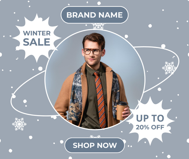 Winter Sale Announcement with Man in Glasses Facebookデザインテンプレート