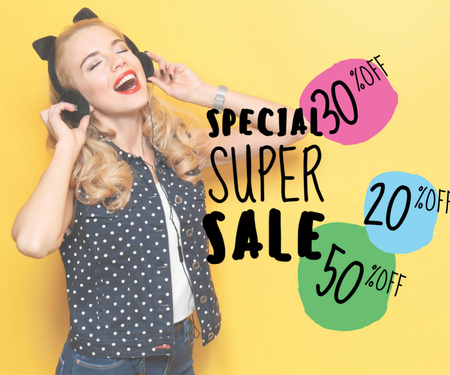 Ontwerpsjabloon van Medium Rectangle van special super sale yellow banner with young woman in headphones