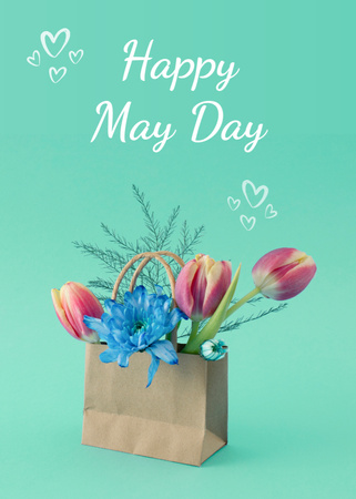 Plantilla de diseño de Flores frescas en bolsa de papel y celebración del Primero de Mayo Postcard 5x7in Vertical 