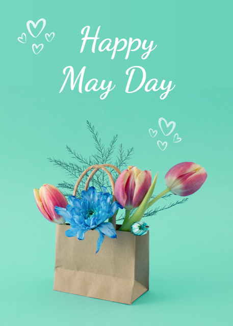 Fresh Flowers In Paper Bag And May Day Celebration Postcard 5x7in Vertical Design Template