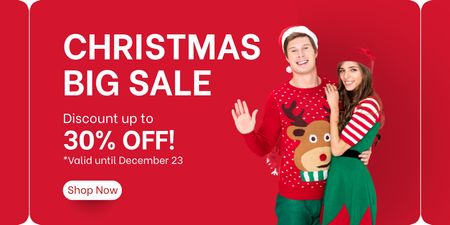 Couple in Christmas Costumes for Big Sale Red Twitter Design Template