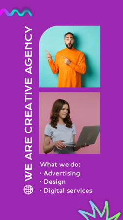 Különféle szolgáltatások a kreatív ügynökségtől, lila színben Instagram Video Story tervezősablon