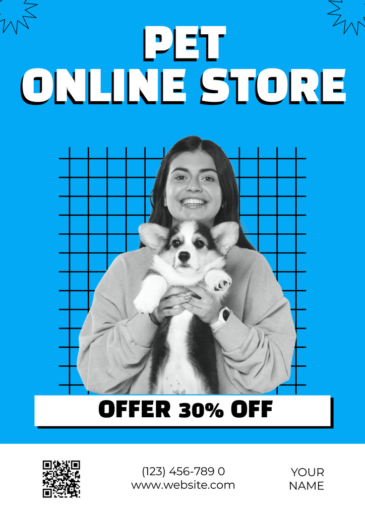 Online Pet Store Ad on Blue Poster Modelo de Design