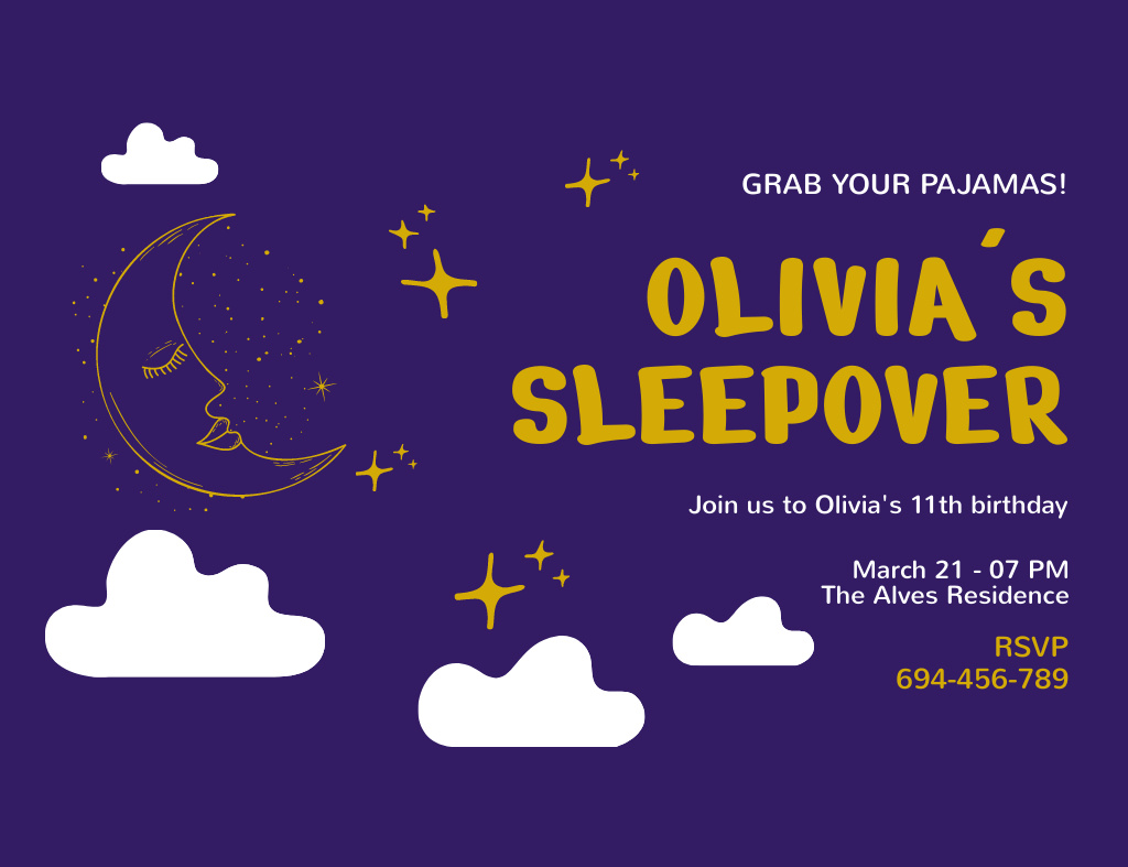 Sleepover Party Announcement with Night Sky Invitation 13.9x10.7cm Horizontal Design Template