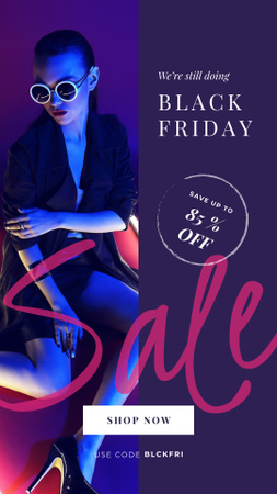 Designvorlage Black Friday Sale Woman in Neon Light für Instagram Story