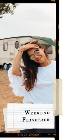 Platilla de diseño Stylish Woman with Vintage Travel Trailer Snapchat Geofilter