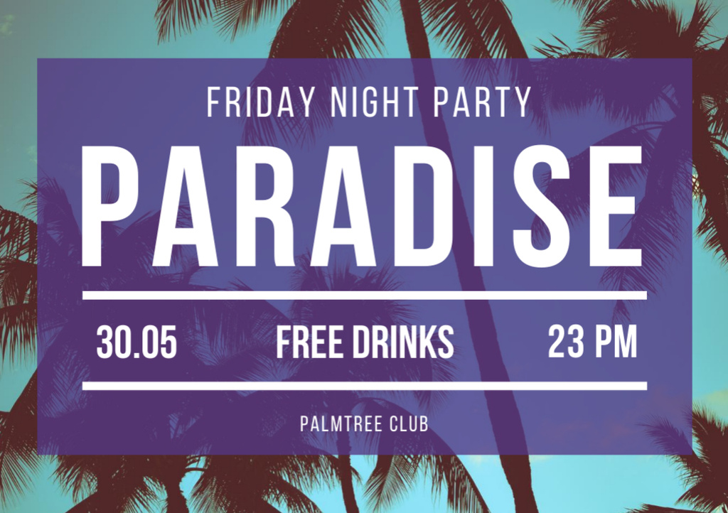 Night Party Invitation with Tropical Palm Trees Flyer A5 Horizontal Modelo de Design