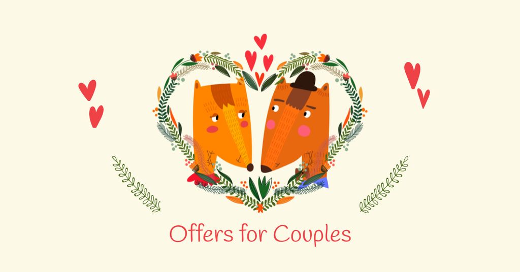 Ontwerpsjabloon van Facebook AD van Cute Foxes Couple in Floral Heart