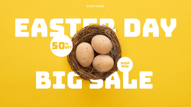 Platilla de diseño Easter Sale Announcement with Eggs in Nest on Yellow FB event cover