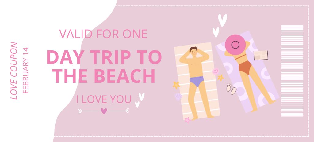Exciting Beach Travel for Valentine's Day In Pink Coupon 3.75x8.25in Design Template