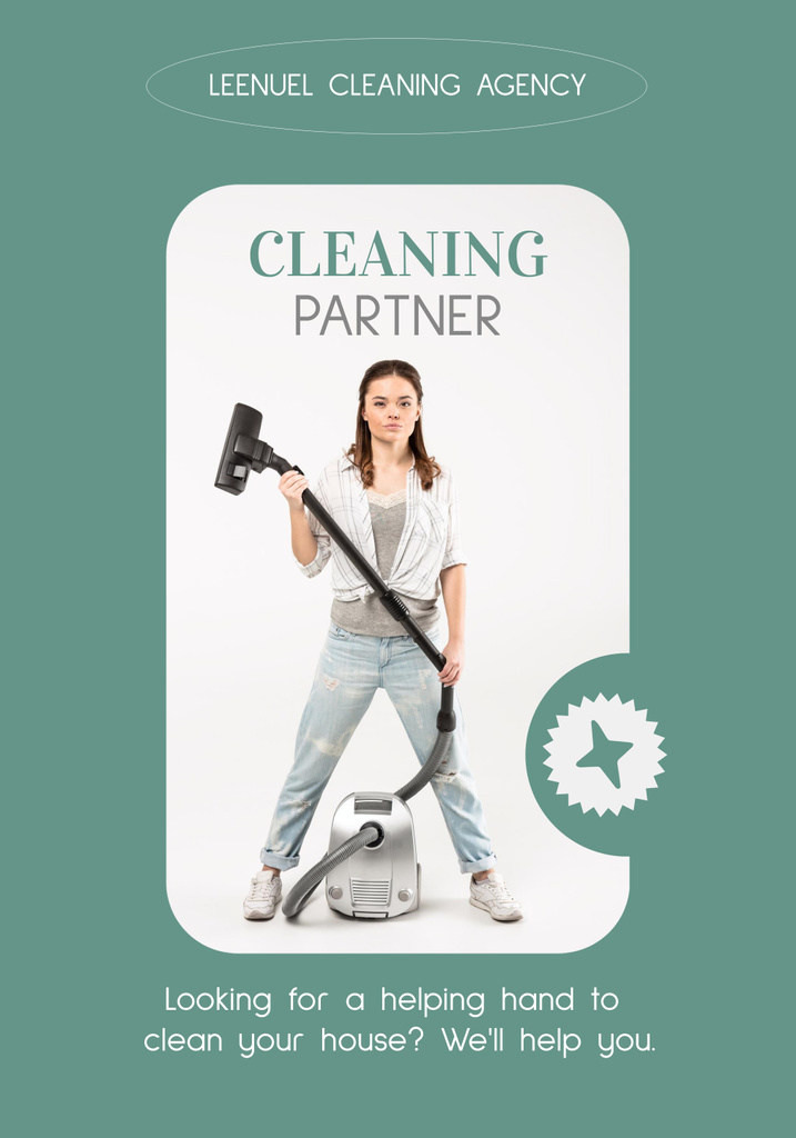 Designvorlage Cleaning Agency Ad with Woman with Vacuum Cleaner für Poster 28x40in