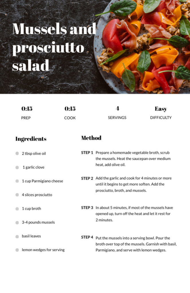 Mussels and Prosciutto Salad on Plate Recipe Card tervezősablon