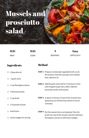 Plantilla de diseño de Mussels and Prosciutto Salad on Plate Recipe Card 