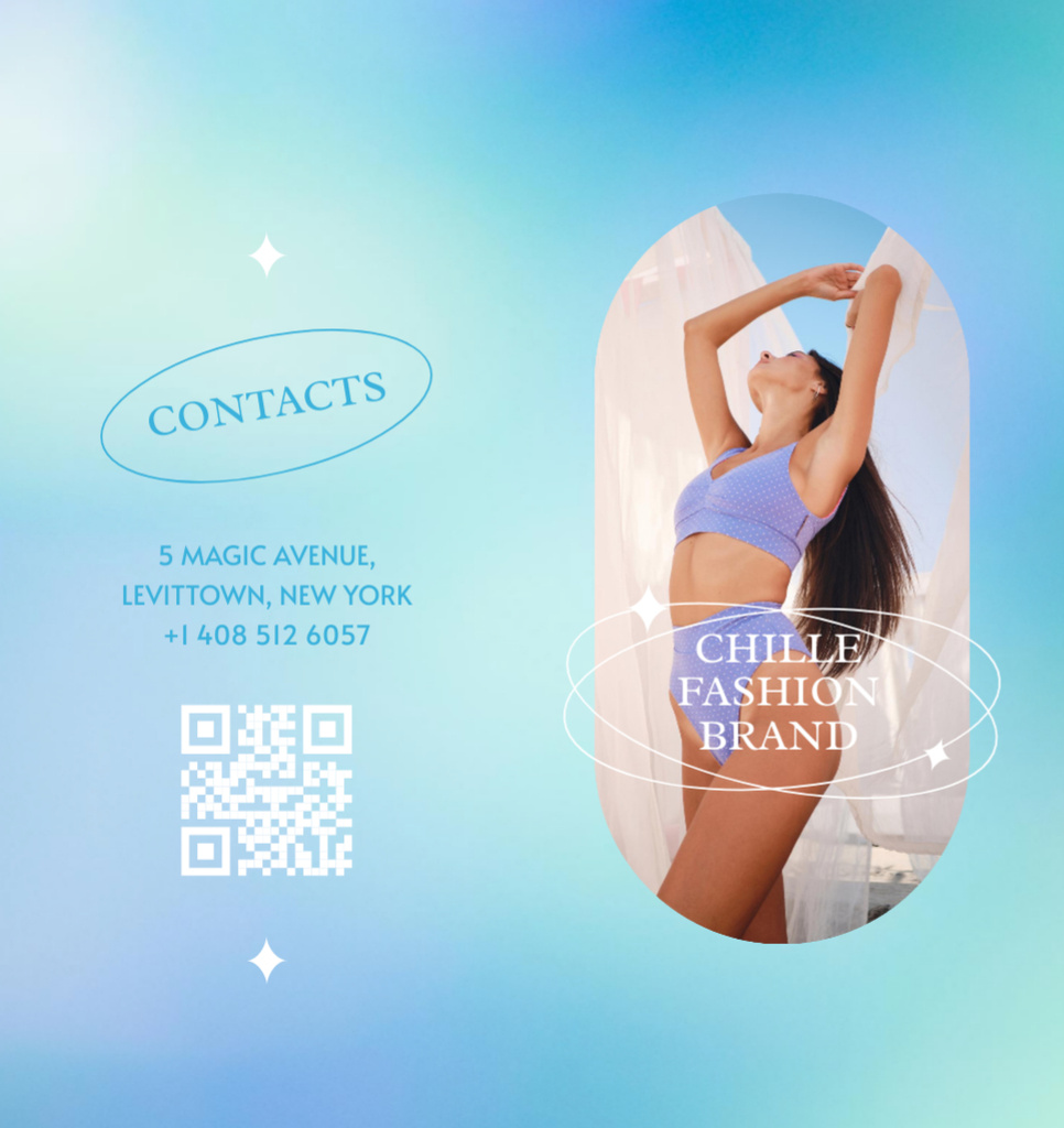 Fashion Sale Ad with Woman in Swimsuit on Blue Brochure Din Large Bi-fold Design Template