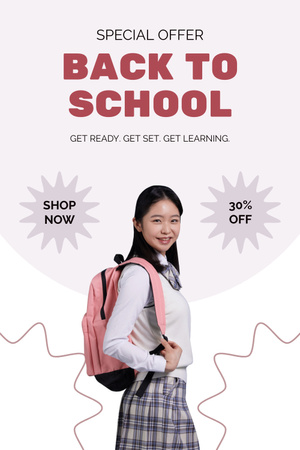 Platilla de diseño Special Offer Discount on School Supplies with Asian Girl Pinterest