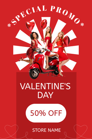 Ontwerpsjabloon van Pinterest van Valentijnsdagverkoop met jonge vrouwen met scooter op rood
