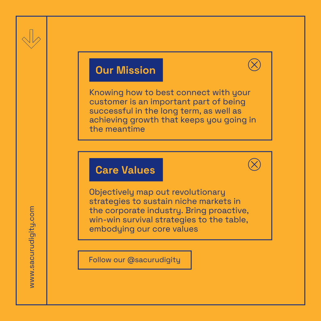 Description of Values and Mission of Company on Yellow Instagram Modelo de Design