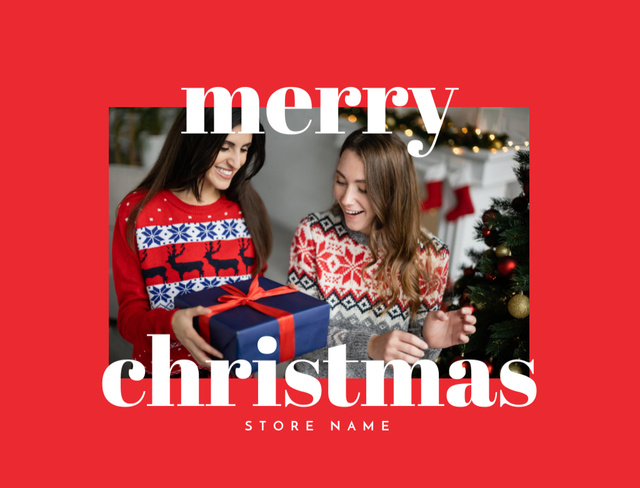 Christmas Greeting With Gift And Friends Postcard 4.2x5.5in Šablona návrhu