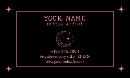 Modèle de visuel Tattoo Studio Service With Moon And Stars on Black - Business Card 91x55mm
