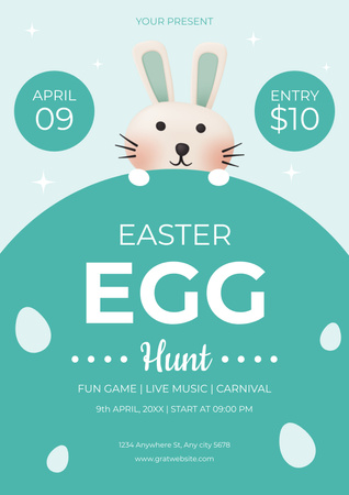 Modèle de visuel Annonce de chasse aux œufs de Pâques avec lapin mignon sur bleu - Poster