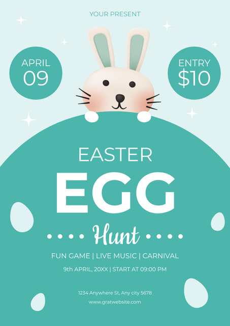 Easter Egg Hunt Announcement with Cute Bunny on Blue Poster tervezősablon