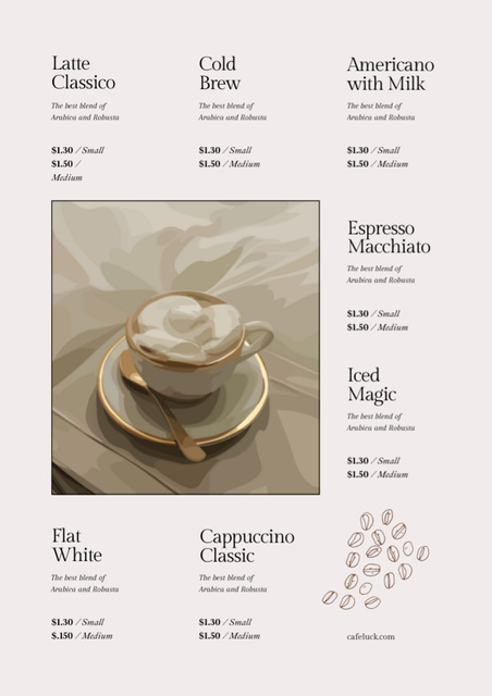 Various Coffee Beverages With Description in Beige Menu Design Template