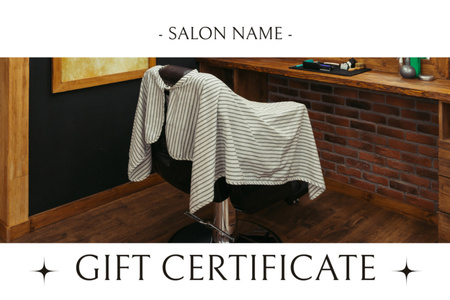 Anúncio de salão de beleza com cadeira na barbearia Gift Certificate Modelo de Design