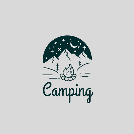 Emblem with Campfire and Mountains Logo Design Template